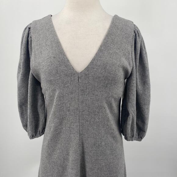 Zara Wool Blend Puff Sleeve Midi Dress V Neck Pleated Front Grey Womens Medium - Picture 2 of 5